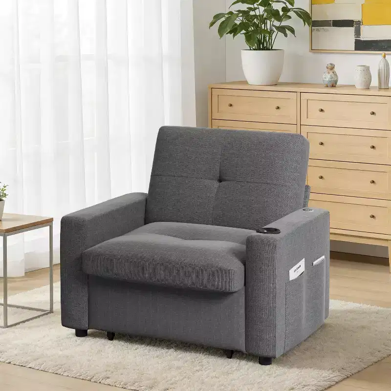 Dyonery 3-in-1 Sleeper Sofa Chair Bed, 42.5 W Convertible Sleeper Chair with Pull Out Bed, USB Charging Ports & Side Table, Cup Holder