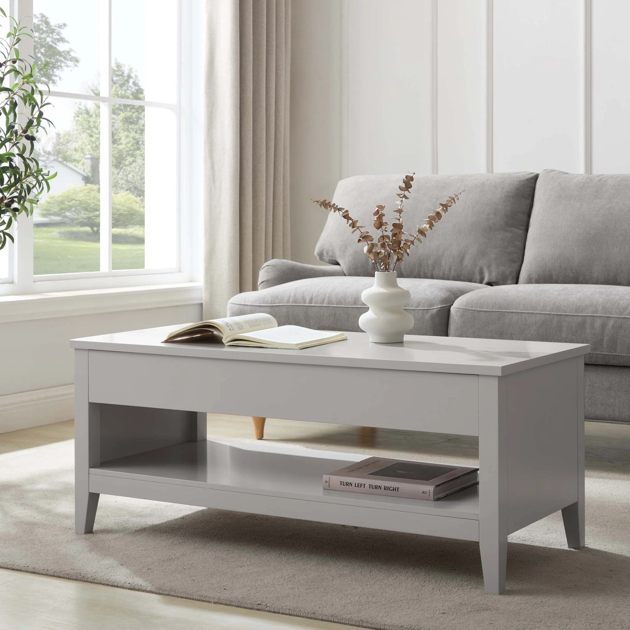 Modern Grey Painted Lift-Top Coffee Table with Hidden Storage for Living Room