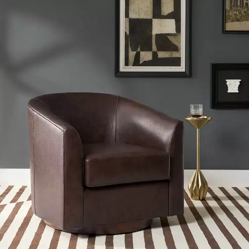 Molly Modern 360-degree Swivel Barrel Genuine Leather Chair with Solid Wood Base|ART OF LIVING DESIGNS