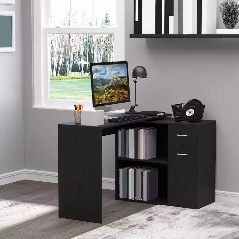 HOMCOM L Shaped Corner Computer Desk Workstation with Rotating Storage Shelves and Drawer for Home & Office