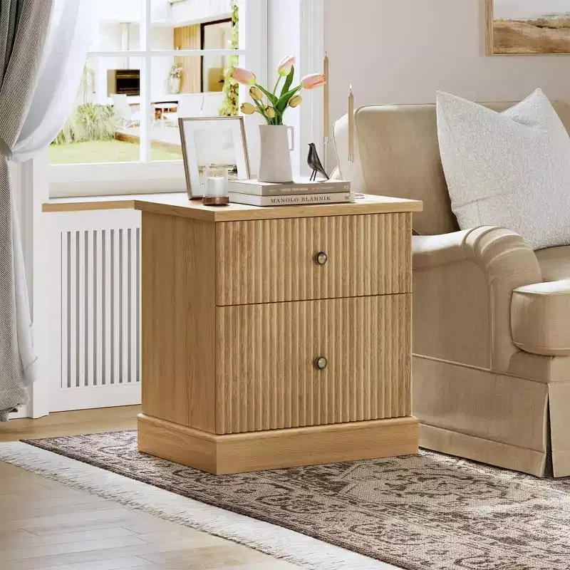 Boho Fluted Nightstand with 2 Drawers, Modern Wood Bedside Table for Small Spaces, Corrugated Accent End Table for Bedroom & Living Room