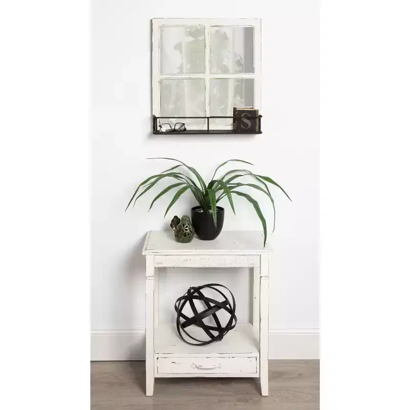 Rectangle Wood Side Table with Drawer and Shelf, 13.5x22x27.75, White