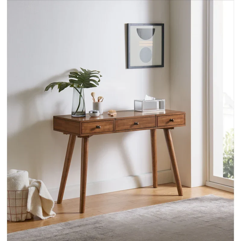 Cinnamon / White Grey Black Mid-Century 2-Drawer Vanity Desk with Flip Mirror for 1 Person