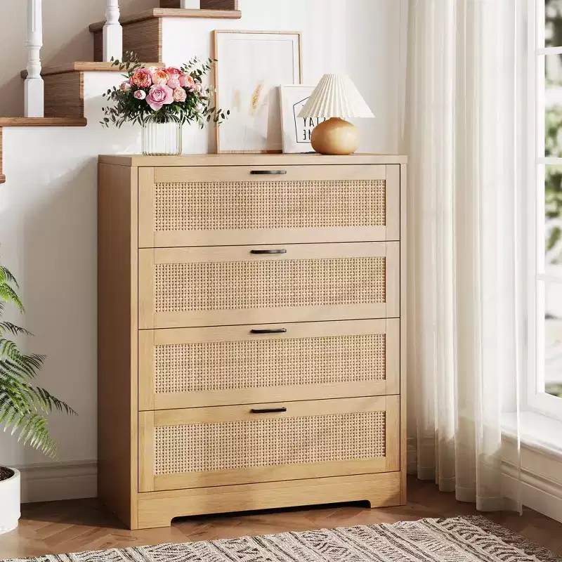 4 Drawer Rattan Dresser for Bedroom,Modern Wood Tall Chest of Drawers with Power Outlets, Drawer Organizer for Bedroom, Closet, Living Room