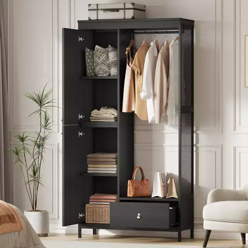 Freestanding Closet Organizer with Shelves & Hanging Rod, Modern Metal Wardrobe Rack with Mesh Side & Drawer, Space-Saving Clothes Storage System