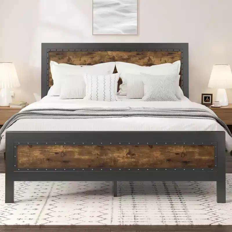 Heavy-Duty Platform Metal Bed Frame with Headboard, Unique Strip and Rivet Decoration