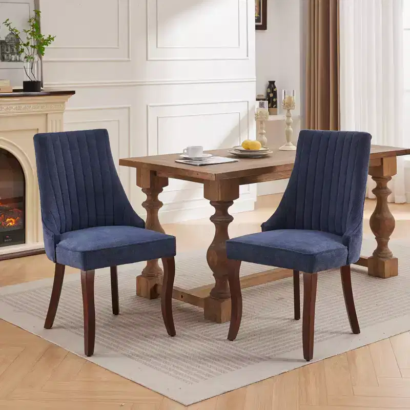 CLIHOME Set of 2 Rayon Cloth Flocking Linen Dining Chairs Channel Kitchen Dinner Chair Comfy Fabric Upholstered Accent Chair