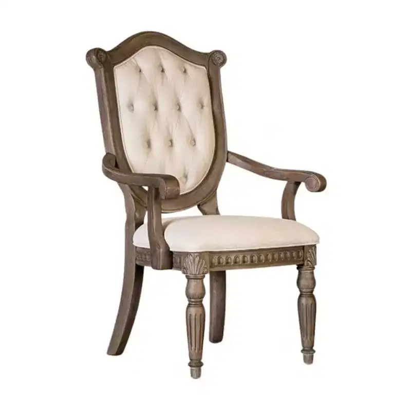 Royal Hampton Dining Armchair Set of 2, Weathered Oak Wood, Tufted Beige Fabric
