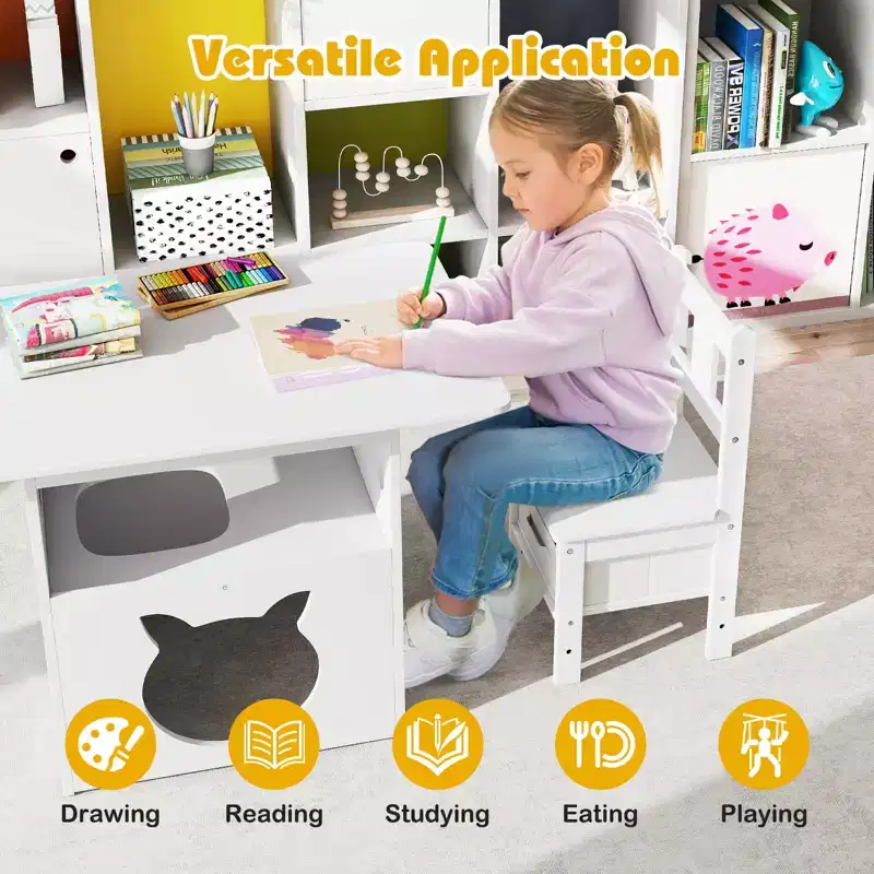 Costway 3 PCS Kids Table and Chairs Set Furniture w/Cat House Hole & Window 2 Chairs