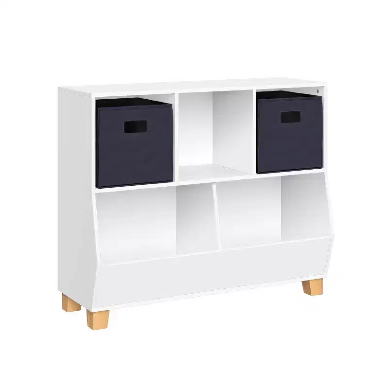 RiverRidge Kids' CatchAll Playroom 35 Toy Storage Organizer with 3 Cubbies and 2 Storage Compartments White with 2 Fabric Bins