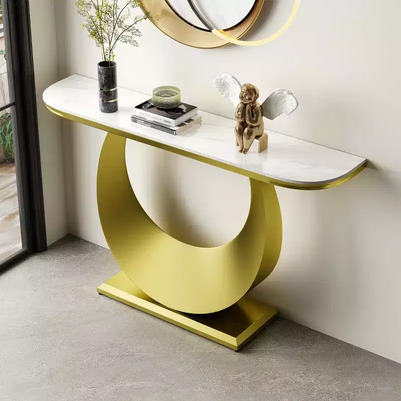 47 Half-Moon Entryway Console Table with Faux Marble Top & Metal Base, Slim Sofa Table for Foyer, Hallway, Living Room, or Bedroom-Panipeachy