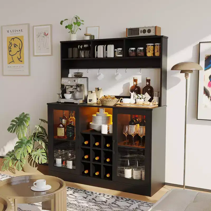 Industrial Side Table with Charging Station, Retro End Table with Wine Rack