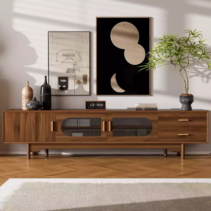 GDFStudio Petty Modern 78 TV Cabinet with Fluted Glass Doors. 2 Drawers and Shelves