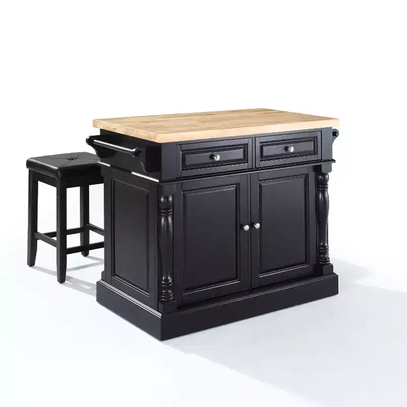 Oxford Kitchen Island with Square Seat Stools Black - Crosley: Pass-Through Storage, Towel Bars