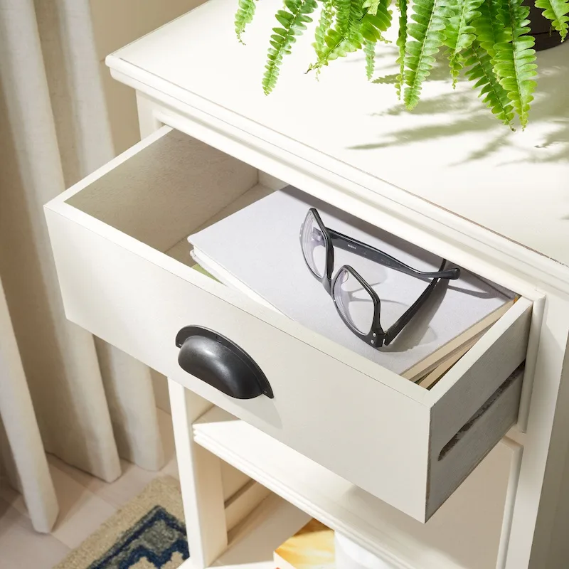 Grey Pine Wood Storage Side Table, 1 Drawer & 2 Open Shelves, 17.7
