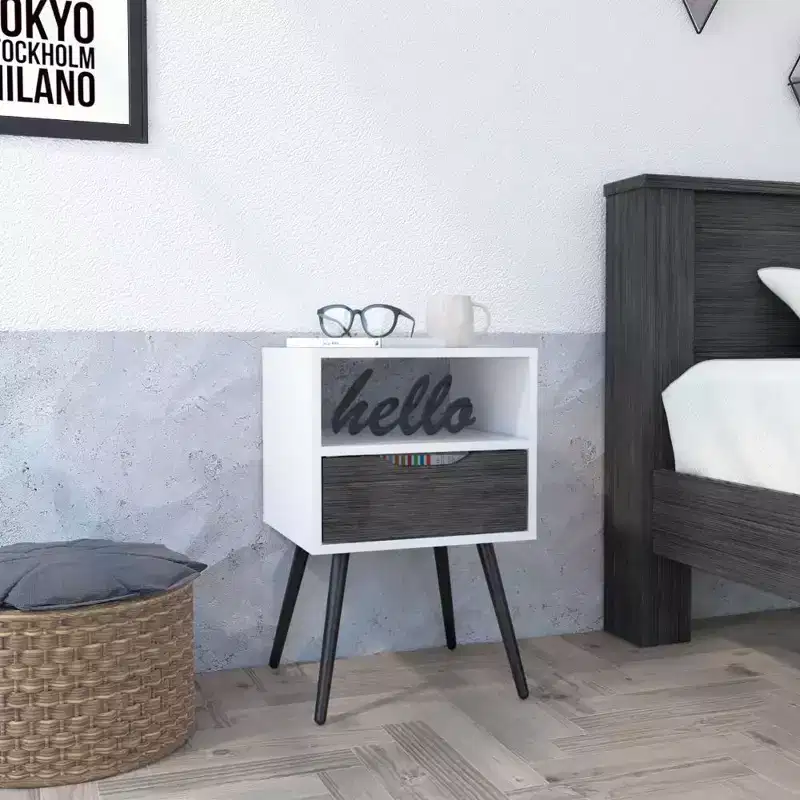 With a clean modern design, this Nightstand Fugaz, Open Shelf, Single Drawer, Smokey Oak / White Finish provides practical storage and a sturdy.