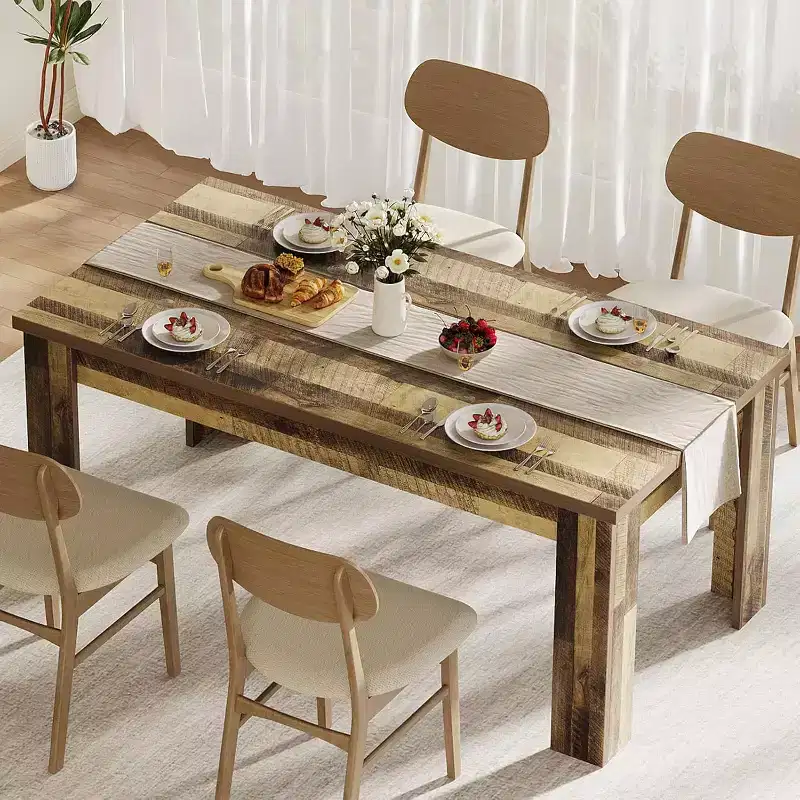 LinTimes 71 Rectangular Farmhouse Dining Table for 4-6, Wooden with Thickened Sturdy Frame, Wood Strip Base & Wider Leg for Kitchen & Apartment