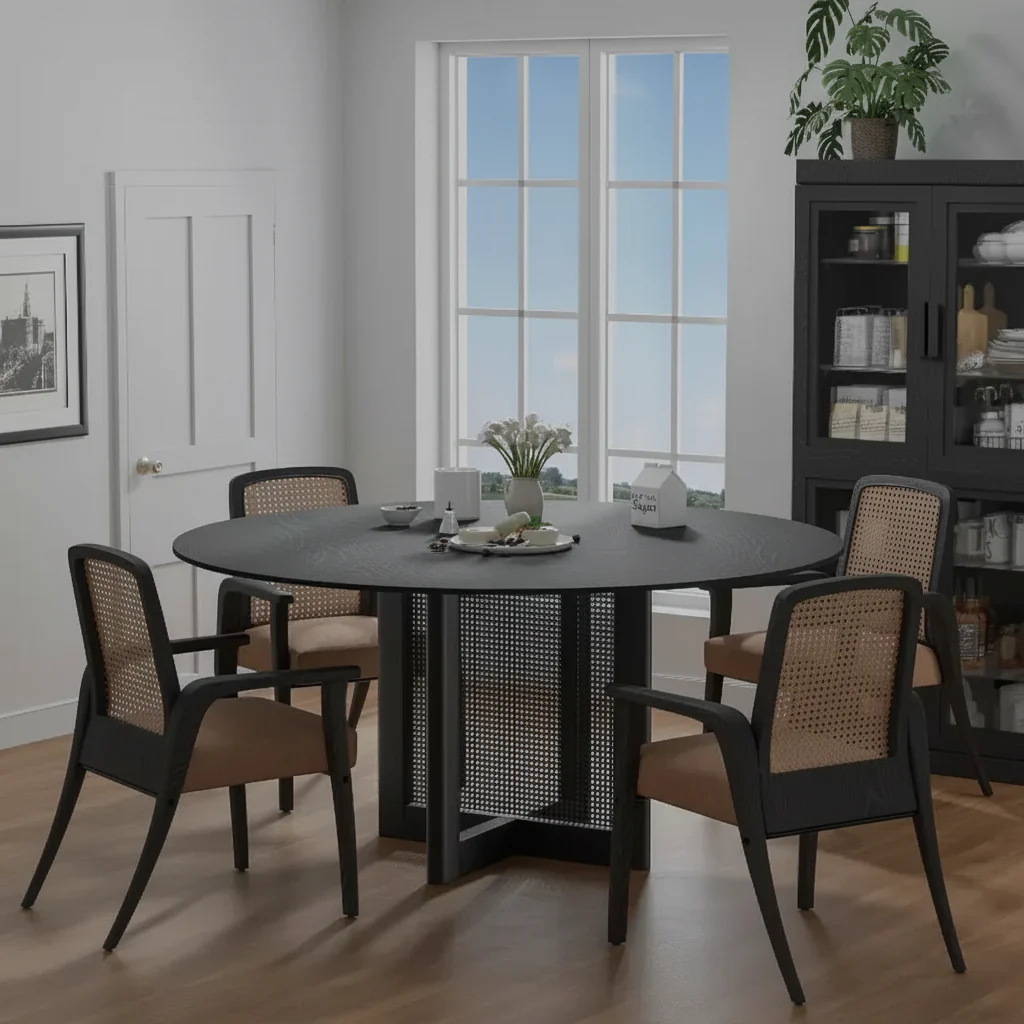 60-Inch Round Farmhouse Dining Table, Solid Wood Top with Rattan Woven Legs, Seats 8