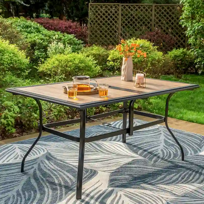 MAISON ARTS 7-piece Patio Dining Set, 1 Rectangle Wood-like Table with Umbrella Hole and 6 Metal Swivel Chairs