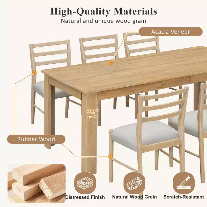 Whisen 7-Piece Wooden Dining Table Set Mutifunctional Extendable Table,12 Leaf and 2 Drawers, 6 Dining Chairs