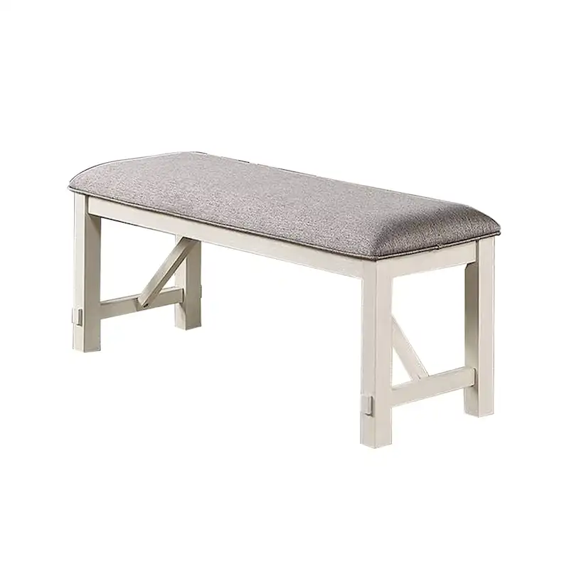 Grey Upholstered Dining Bench, Farmhouse Style, Seats 2–3, Rubberwood Frame
