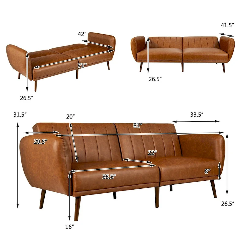 Convertible Sofa Bed with Adjustable Backrest and Faux Leather Upholstery