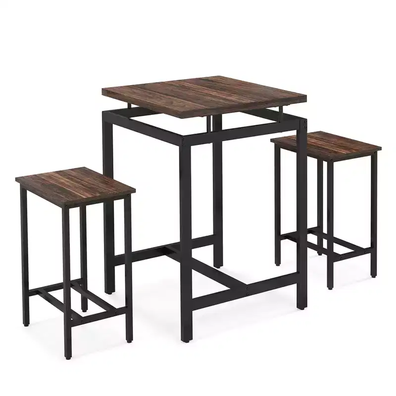 Costway 3 Pieces Bar Table Set Square Counter Height Table with Stools Floating Tabletop & Footrest Industrial Pub Table Set for Small Space