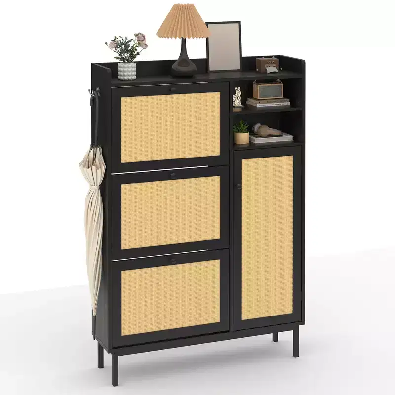 Shoe Storage Cabinet with 4 Flip Drawers, Hidden Shoe Storage Organizer with Rattan Doors, Freestanding Shoe Rack Cabinet For Living Room, Brown