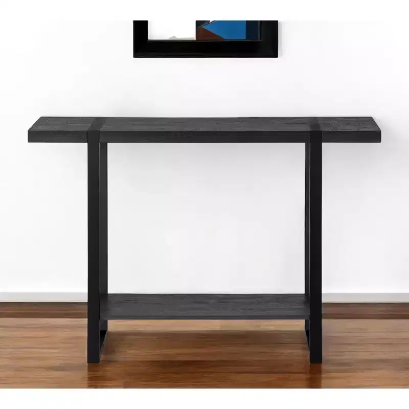 47 Black Wood and Metal Distressed Sled Console Table With Shelf