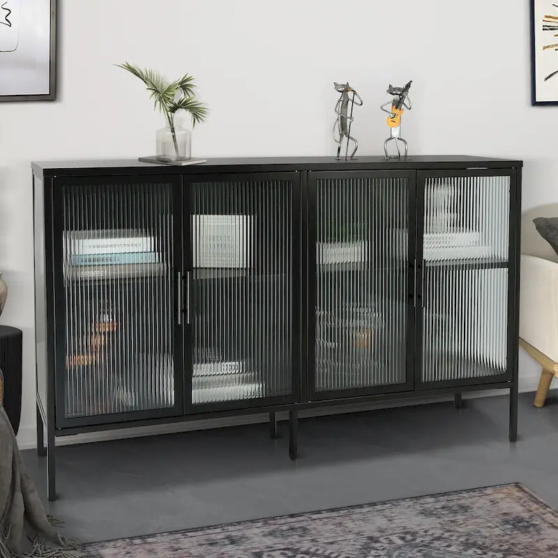 4-Door Tempered Glass Cabinet with 4 Glass Doors Adjustable Shelf and Feet Anti-Tip Dust-free Fluted Glass Kitchen Credenza