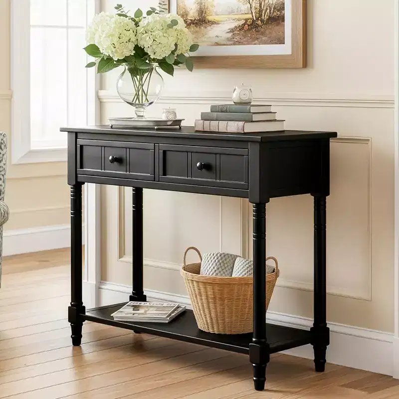 Traditional Entryway Console Table with 2 Drawers and Bottom Shelf, Solid Pine Wood