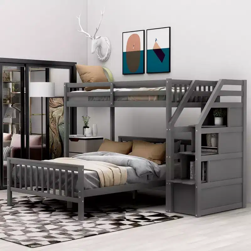Twin Over Full Bunk Bed With Storage Staircases, Wooden Loft Bed Frame For Kids Teens Bedroom Guest Room Furniture No Box Spring Needed Easy Assembly
