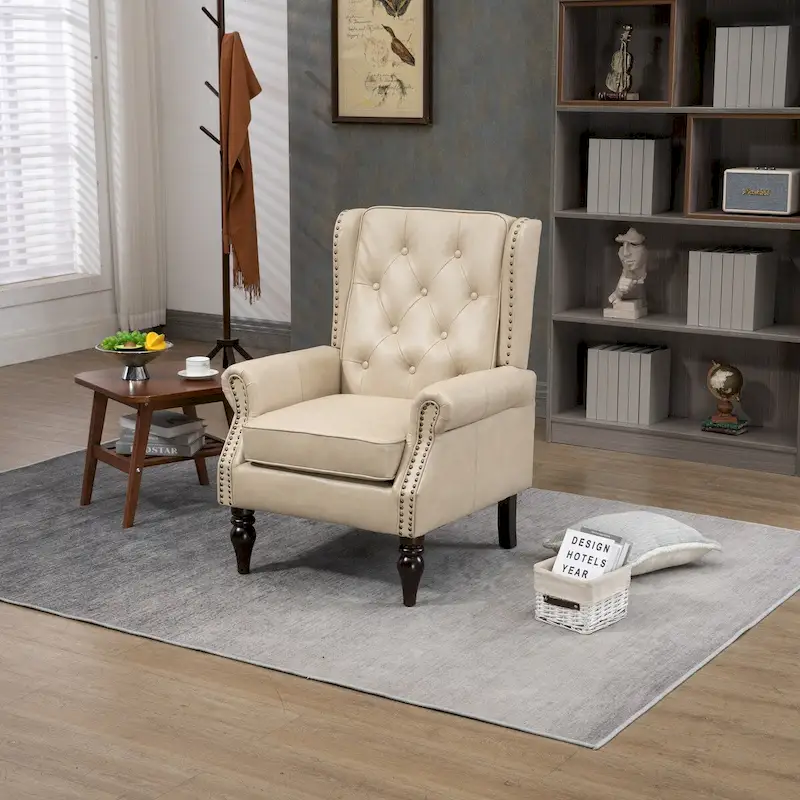 Upholstered PU Leather Accent Chair,Mid Century Button Tufted High Back Arm Chair with Armrest and Solid Wood Legs