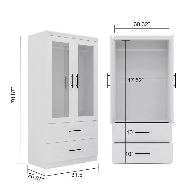 Keloyid White Wood 31.5 in. Armoire with 2 Drawers and 1 Shelves