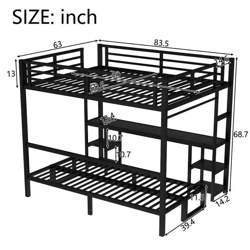 Queen Over Twin XL Metal Bunk Bed with Desk, Shelves, LED Lights and USB Ports, Converts to Sofa, Black
