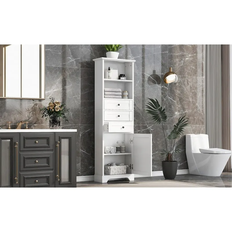 Tall Storage Cabinet with 3 Drawers and Adjustable Shelves