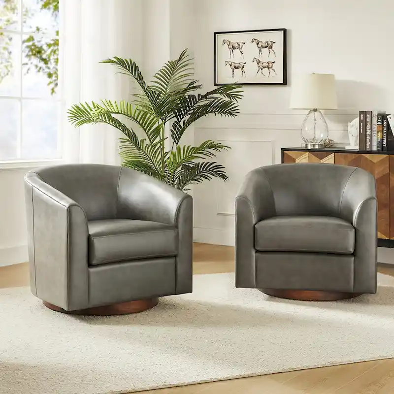 Haley Modern Swivel Barrel Faux Leather Chair with Solid Wood Base Set of 2
