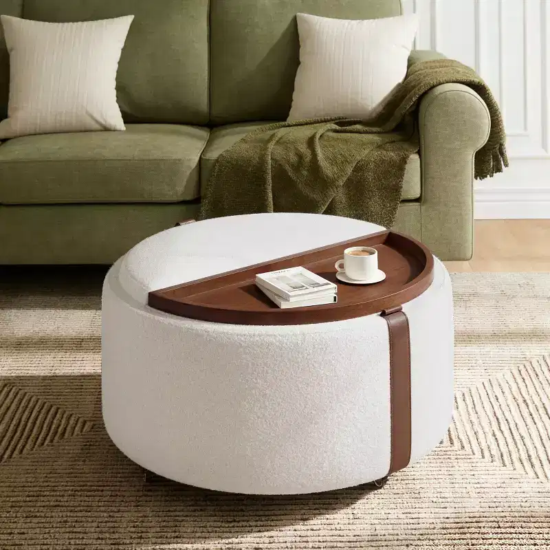 29 Round Storage Ottoman with Caster Wheels, Dual Reversible Lids, Upholstered Modern Coffee Table for Living Room