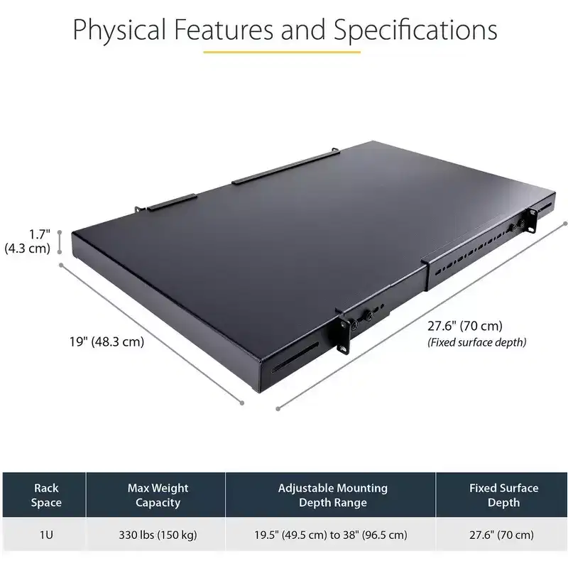 StarTech.com Heavy Duty 1U Rack Mount Shelf - Adjustable Depth - Model ADJSHELFHD
