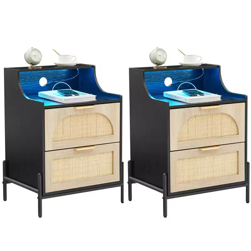 Black Wood & Rattan 2-Person Nightstand Set with Charging Station & LED Lights