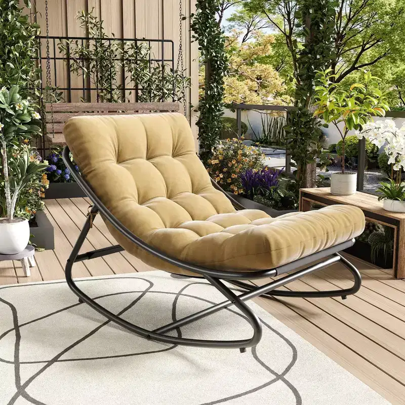 Tan Oversized Papasan Rocking Chair C 450lb Capacity E-Coated Iron Egg Recliner with Cushion for Indoor/Outdoor Lounge (Living Room/Patio/Garden)