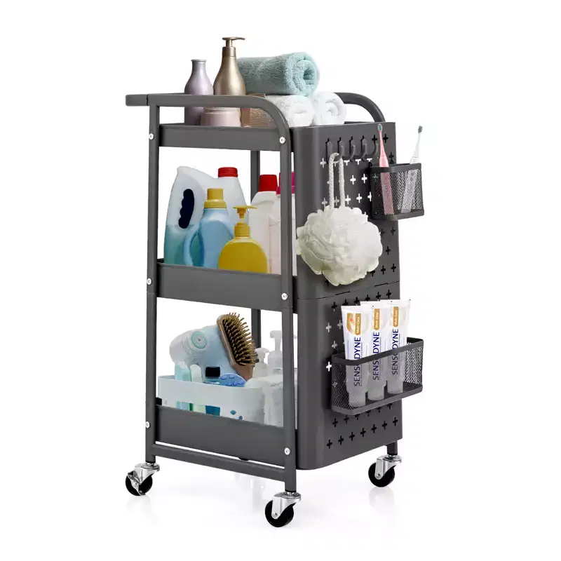 3-Tier Rolling Cart Storage Trolley Organizer w/ DIY Dual Pegboards, Mobile Metal Utility Cart on Wheels Serving Cart for Kitchen Office