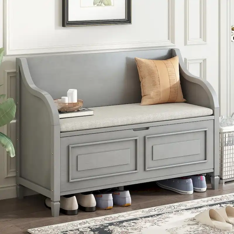 Farmhouse Storage Bench with Hidden Compartment – Gray Wash / Brown / Antique Navy / White / Espresso, Rustic Style, Single