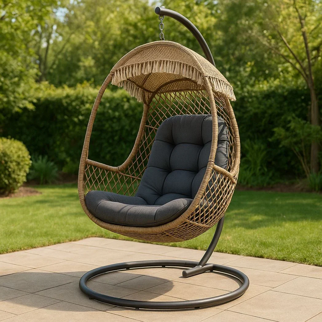 Fauteuil suspendu en rotin synth¨¦tique avec structure en acier, coussin polyester, Brun/Gris, 200 cm x 95 cm x 75 cm