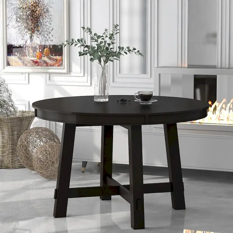 Espresso / Natural Round Extendable Dining Table, X-Base Farmhouse Style