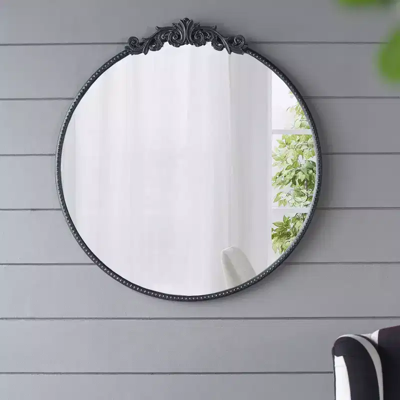 30 x 32 Inch Round Wall Mirror with Baroque Inspired Frame