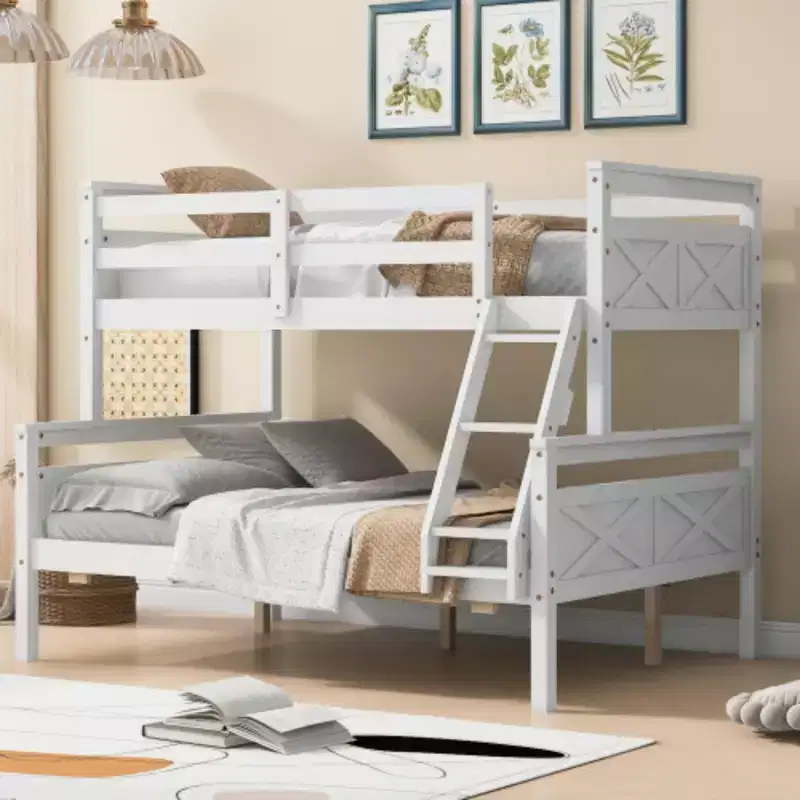 White Twin over Full Bunk Bed with Ladder and Safety Guardrail