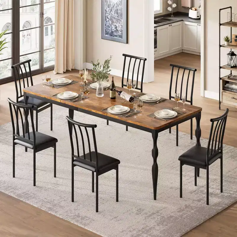 Brown / Grey Rectangular Dining Table with Curved Metal Legs, Seats up to 8