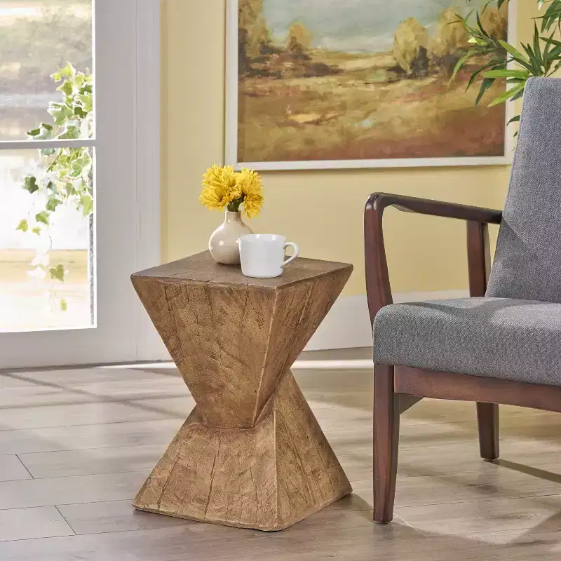 MAYEERTY 1 Pack Sculptural Hourglass Side Table, Artisan Wood-Like End Table for Living Room, Patio