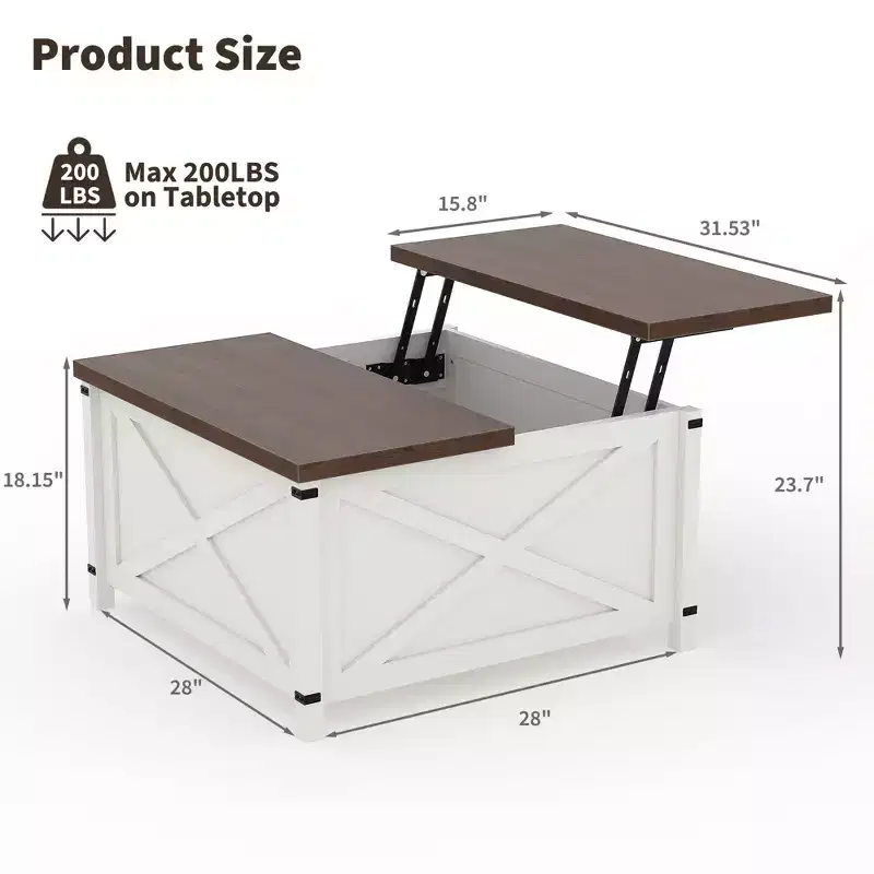 Coffee Table for Living Room with Lift Top and Storage, Square Industrial Design with X-Shaped Decor, Durable and Stylish